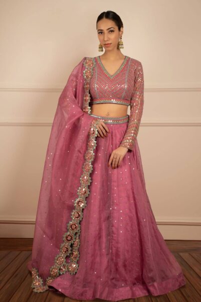 Blush Pink Organza Lehenga Set by Vyani