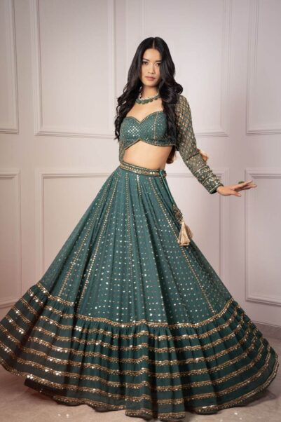 Mud Green Georgette Lehenga Set by Vyani