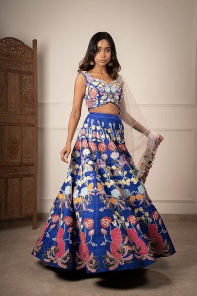 Electric Blue Embellished Lehenga Set With Multicoloured Embroidered by Aisha Rao