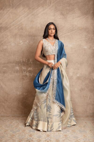 Blue Leaf Print Lehenga Set by Arpita Mehta
