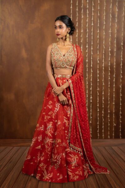 Floral Red Printed Lehenga Set by Arpita Mehta