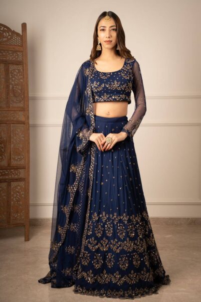 Dark Blue Sequins Lehenga Set by Astha Narang