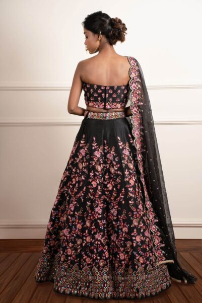 Elegant lehenga with artistic embroidery, capturing the essence of Chamee and Palak’s sophisticated designs.