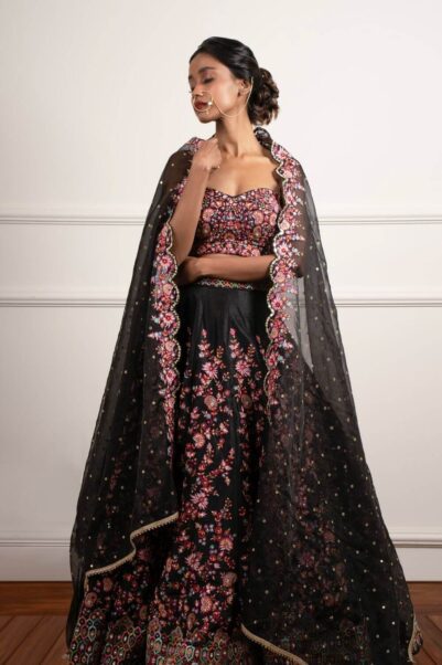 Black Floral Embroidered Lehenga by Chamee and Palak