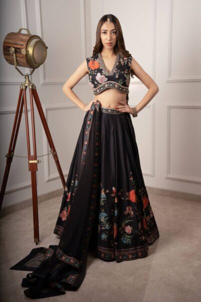 Black Silk Printed Lehenga Set by Ridhi Mehra