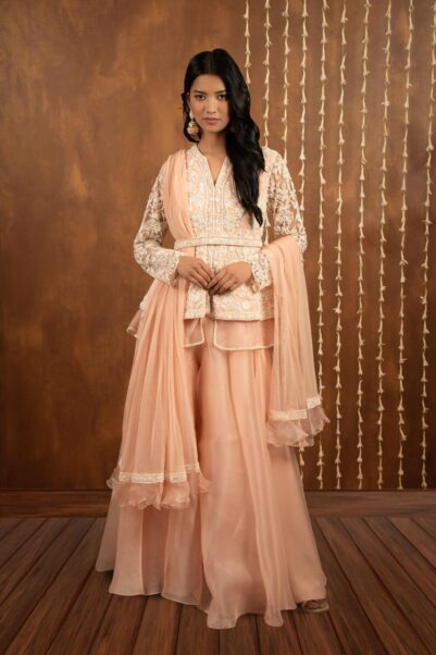 Peach Peplum Sharara Set by Ridhi Mehra