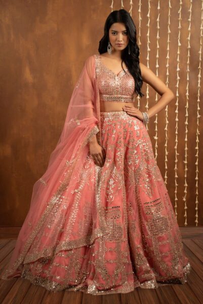 Pink Mirror Embroidered Lehenga Set by Seema Gujral