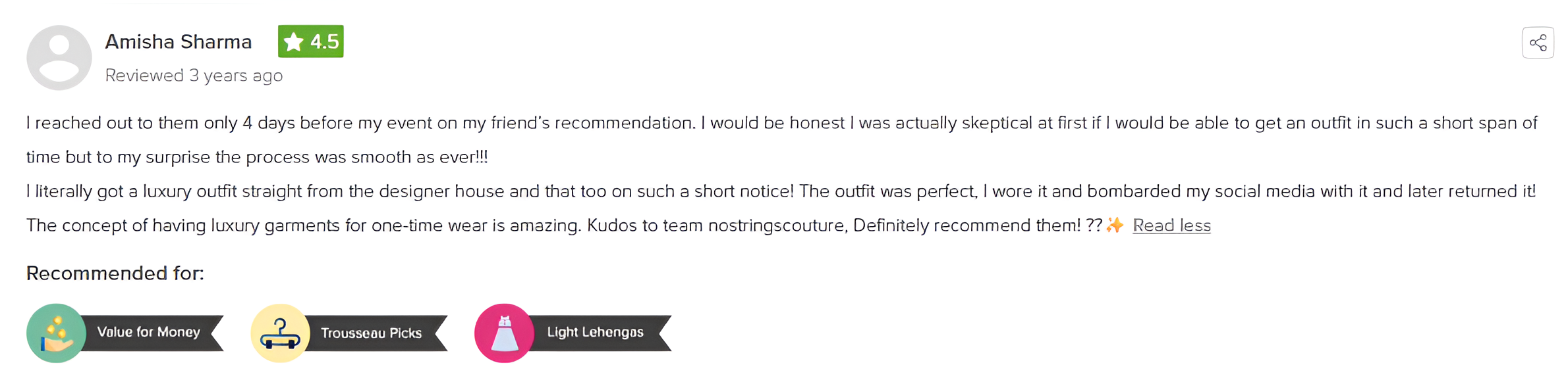 Customer review highlighting smooth luxury ethnic wear rental experience for one-time events