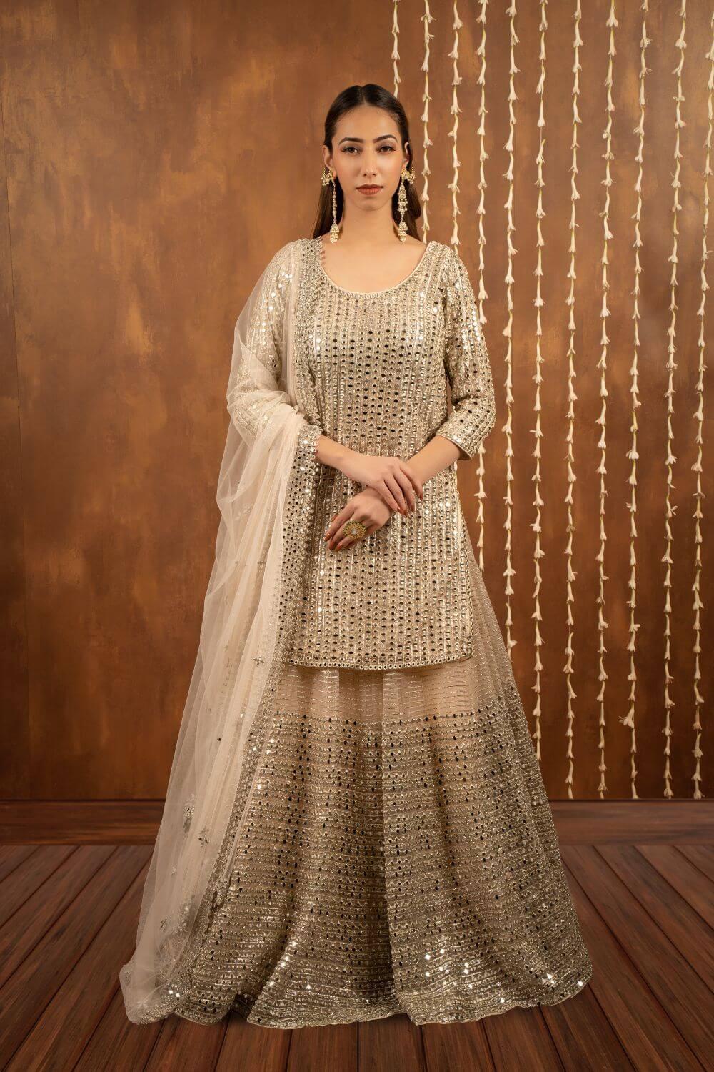 Gold And Peach Mirror Work Lehenga Kurta Set by Abhinav Mishra